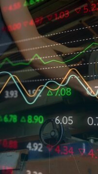Animation of financial data processing and statistics over caucasian woman working in factory