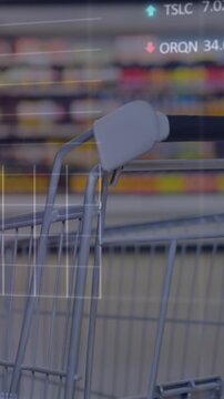 Animation of graphs, trading boards and loading circles over shopping cart in superstore