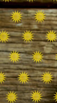 Yellow star shapes animation over wooden surface with tomato on right