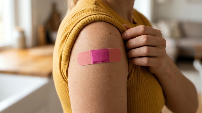 Person's arm with colorful bandage after a medical injection, symbolizing health protection and post-vaccination care and recovery