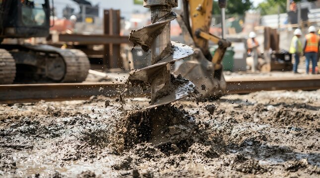 Heavy industrial auger drill bit drilling and extracting wet earth and mud at railway construction site
