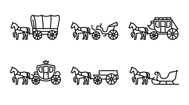 Historic horse drawn carriage and wagon vector icon set showing various classic transportation vehicle design styles