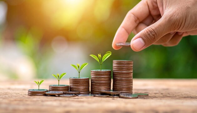 Hand placing coin on increasing stacks of money with green plants representing financial growth