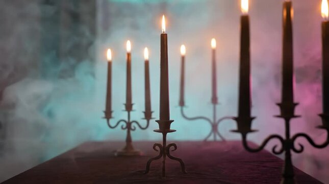 Burning candles in swirling colorful smoke