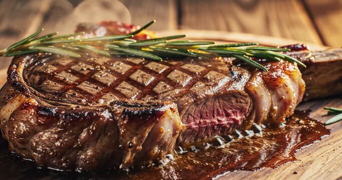 Macro shot of grilled tomahawk steak topped with fresh rosemary. Juicy, tender meat and grill marks captured in delicious detail. 4K Video 60 fps