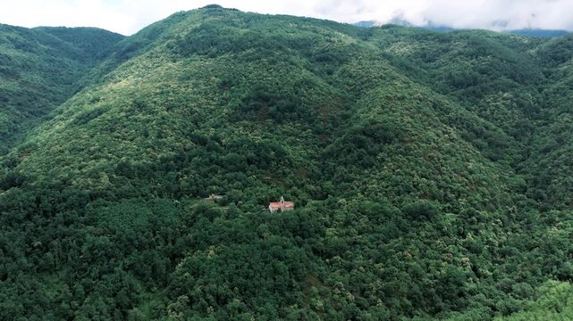 Peaceful mountain hideaway surrounded by trees. Tranquil mountain outpost immersed in dense forest environment