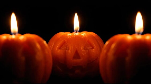 Carved Halloween pumpkins with burning candle light