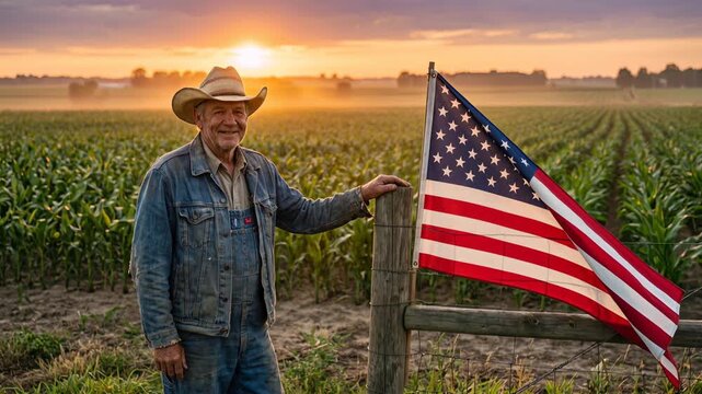 Labor Day USA Industrial Worker Standing with American Flag