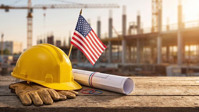 Labor Day USA Industrial Worker Standing with American Flag