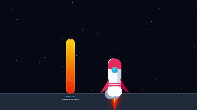 Rocket liftoff animation with loading bar progress in space