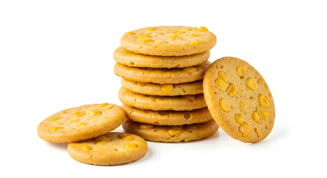 Stack of golden round crackers on white background.