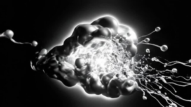 Abstract explosion of glossy liquid silver on black background