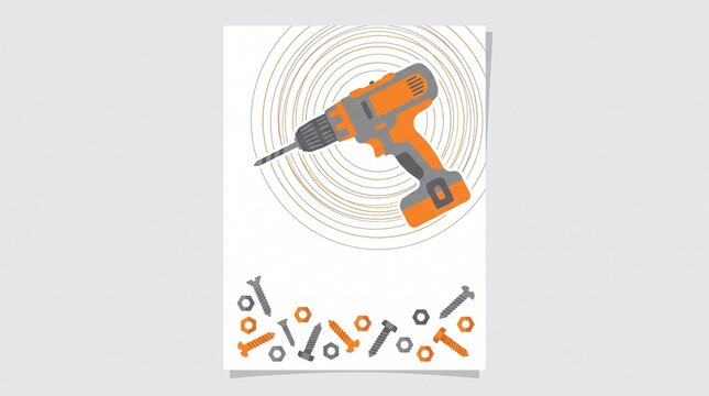 Cordless drill illustration with scattered screws is depicted on a modern vertical poster design.