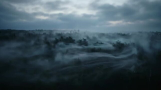 Thick fog moving across forest landscape