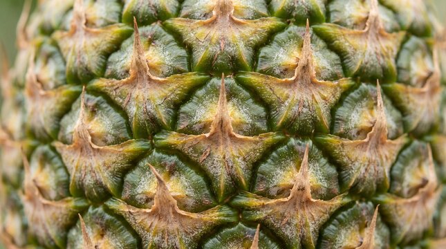 Detailed macro shot revealing the captivating natural pattern and rough texture of a fresh pineapple's outer skin, rich in green and golden hues
