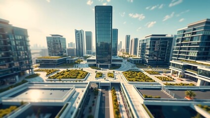 Fototapeta premium modern city business district with glass skyscrapers and green plaza