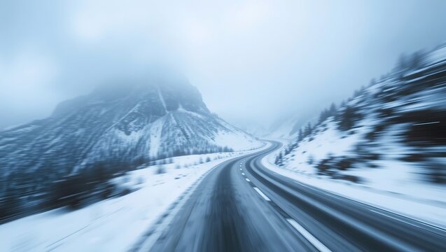 winding mountain road in snowy winter with motion blur