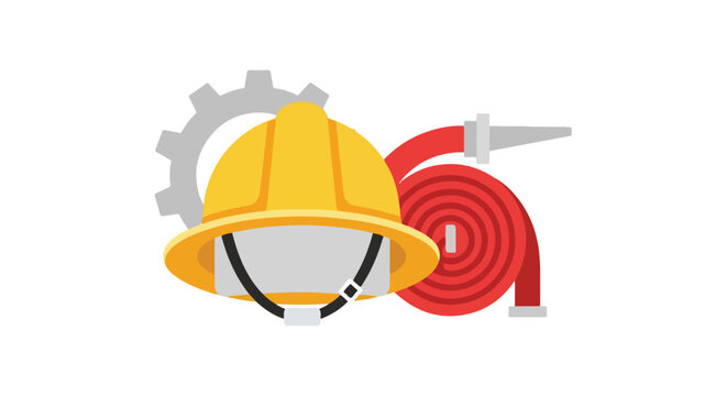 Vector illustration featuring a yellow firefighter safety helmet, a coiled red fire hose, and a grey industrial gear.