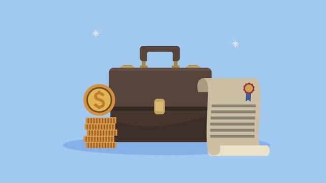 Business briefcase with stack of coins and official document, concept of success and investment.