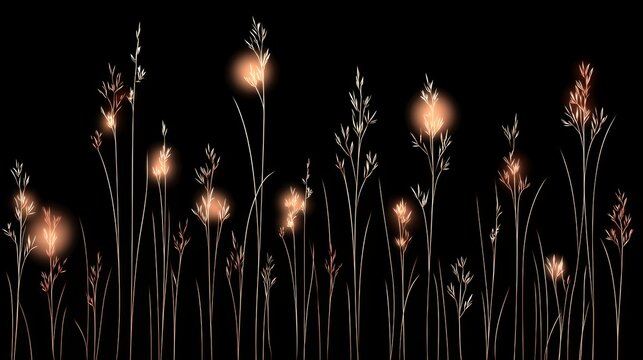 Glowing grass seeds and firefly light dots overlay background for autumn night thanksgiving scenery