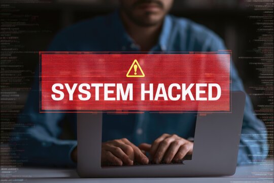 Cybersecurity Threat - System Hacked Warning Displayed on Laptop Screen.