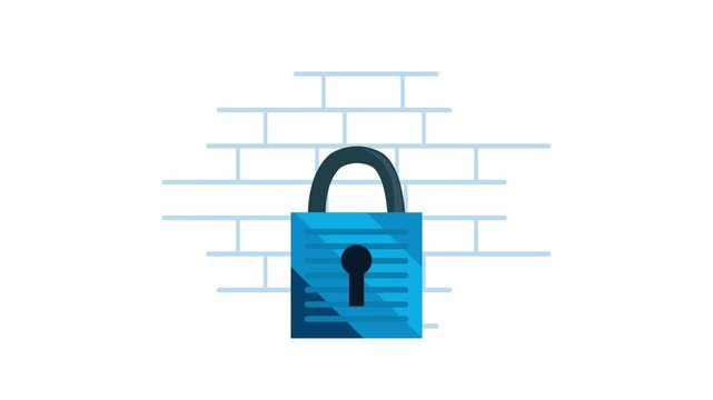 Abstract security motion graphic with firewall and animated padlock opening and closing, symbolizing network protection and data integrity.