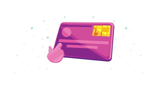Animated purple credit card being tapped by a pink hand cursor, digital payment concept.
