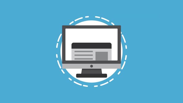 Business analytics and data visualization animation featuring computer monitor with financial charts and web pages.