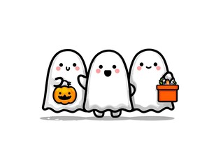 Obraz premium Three cute cartoon ghosts on a white background with a pumpkin and candy bag for Halloween