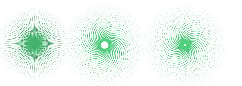 Tres espirales de puntos en color morado formando c&iacute;rculos con efecto de remolino sobre fondo blanco