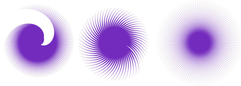 Tres espirales de puntos en color morado formando c&iacute;rculos con efecto de remolino sobre fondo blanco