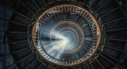Obraz premium Low angle view looking up a dark spiral staircase. Metal steps with dramatic light rays shining through a smoky central void