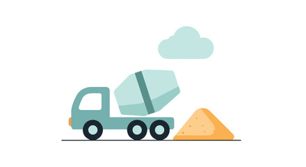 Obraz premium Cute flat vector illustration featuring a blue cement mixer truck parked next to a pile of sand under a cloud.