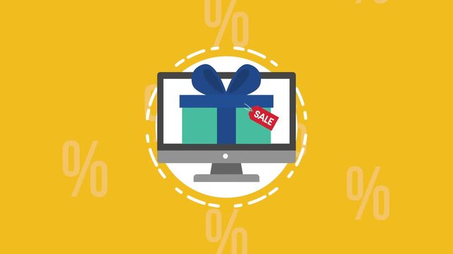 Animated online shopping concept featuring desktop monitor with gift box and sale tag over yellow background.