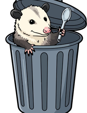 Cute opossum peeking from a trash can holding a spoon vector