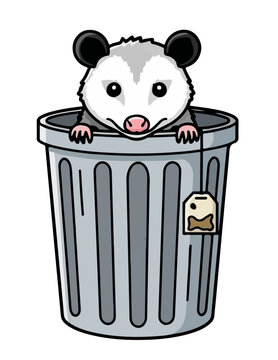 Cute opossum peeking out from a metal trash can cartoon