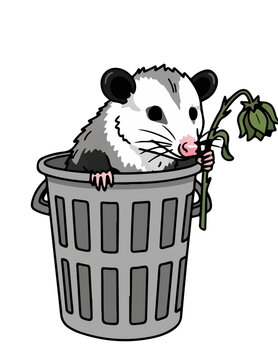 Opossum sitting in a trash can holding a wilted flower vector