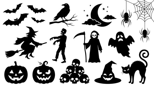 Halloween Silhouettes Clipart Bundle Spooky Vector Icons Flying Witch Zombie Grim Reaper Skull Spider Jack O Lantern PNG