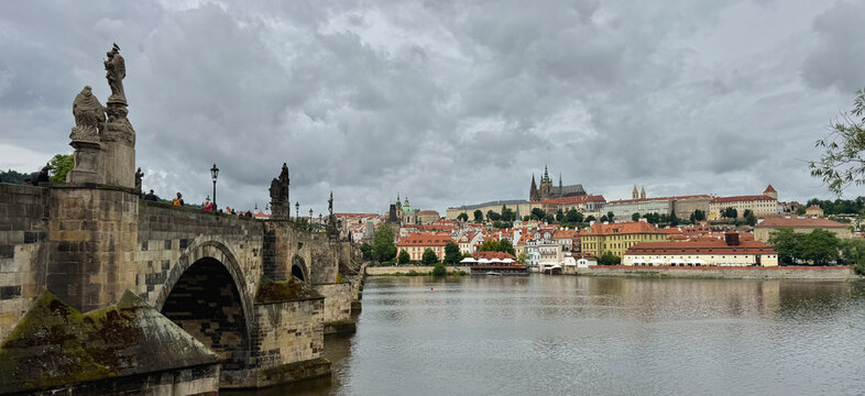 Landscape of Charles Bridge leading to Lesser Town and Prague Castle Complex in Czechia