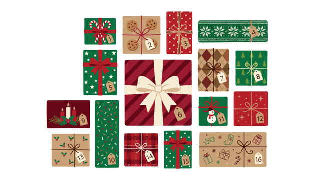 Christmas advent calendar vector illustration with numbered gift boxes countdown to holidays winter celebration flat design on white background