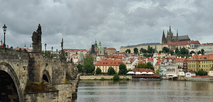 Landscape of Charles Bridge leading to Lesser Town and Prague Castle Complex in Czechia
