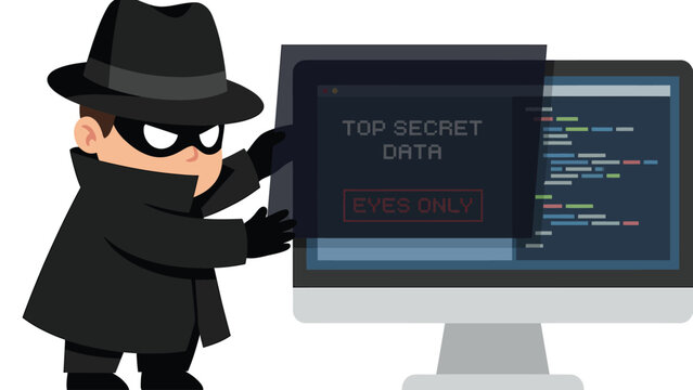 Cartoon hacker in a hat and mask stealing top secret data from a computer screen with code.
