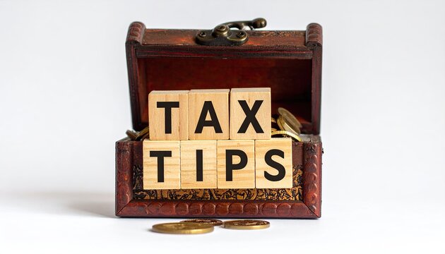 Tax tips symbol. Concept word Tax tips on beautiful wooden blocks. Beautiful white paper background. Beautiful wooden chest with coins.