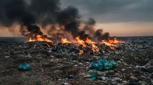 Burning landfill with thick black smoke and flames polluting the environment under a dark sky