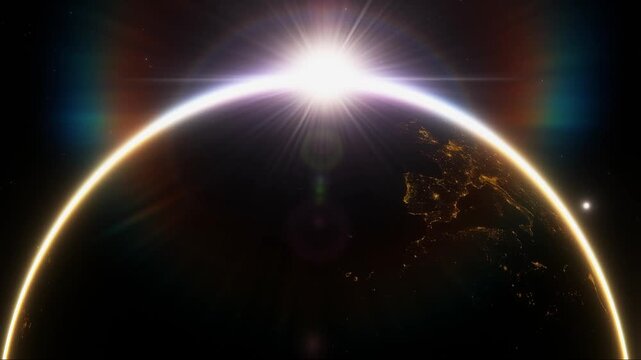 the silhouette of Earth's curve with a shimmering golden glow along the atmosphere, a dramatic lens flare at the planet's edge, the twinkle of city lights across the continents, 