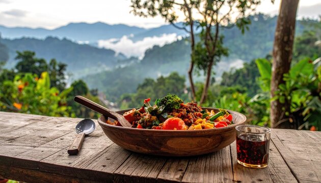Village-style meal served in Batu City, East Java, Indonesia, showcasing local flavors and traditional dishes.