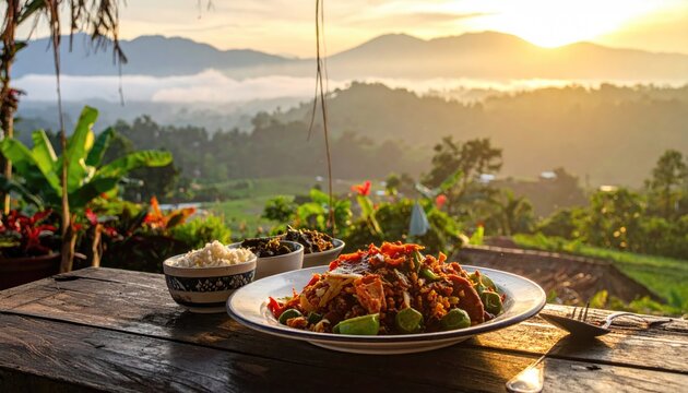 Village-style meal served in Batu City, East Java, Indonesia, showcasing local flavors and traditional dishes.
