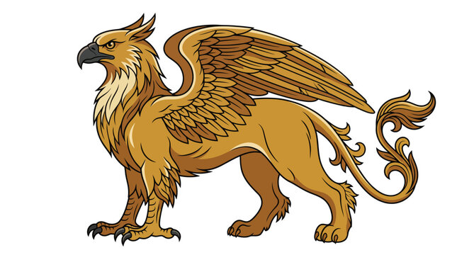 Mythical Golden Griffin Standing Side View Vector Illustration on White Background