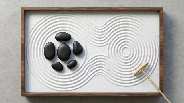 Smooth black stones are arranged on white raked sand in a traditional zen garden.