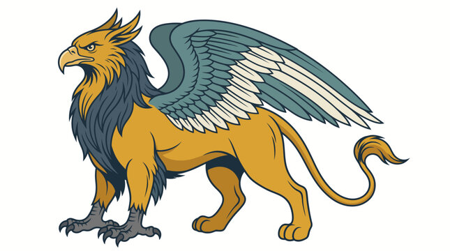 Majestic Griffin Vector Illustration Standing Proudly with Blue Wings and Golden Body Profile View